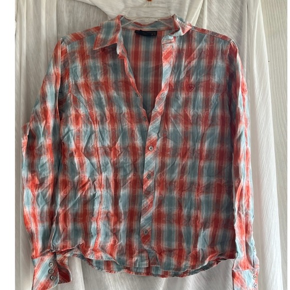 Ariat Womens Plaid Western Shirt Orange Blue Button Down Size M Medium - Picture 1 of 4